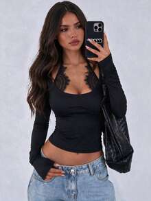 Women's Lace Trim U-Neck Halter Slim Fit Base Layer T-Shirt Top - Black - View 1
