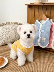 Pet Winter Fleece Vest Jacket, Dog Cat Warm Plaid Sleeveless Jacket, Cute Pom Pom Trim Puppy Kitten Cold Weather Outfit, Suitable For Small And Medium Dogs And Cats, With D-Ring For Convenient Outdoor Walks - Multicolor - View 8