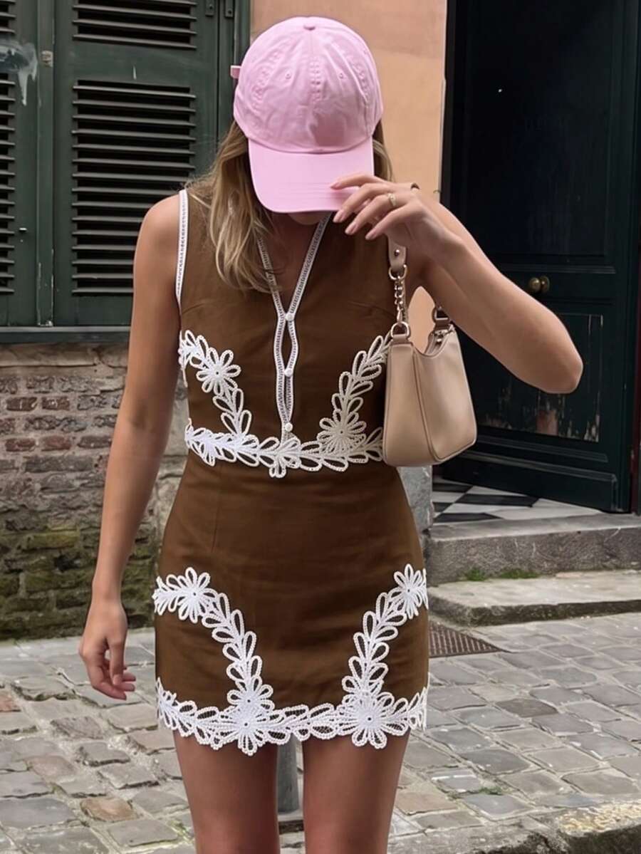 PoPoHouse Women's 2 Pieces Sleeveless Embroidered Tank Top And Mini Skirt Set, Bohemian Style, Summer - Brown - View 1