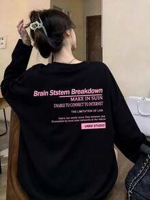 Women's Round Neck Long Sleeve T-Shirt, Spring/Autumn New Letter Graphic Print, Fashion Casual Versatile Loose Fit Top - Black - View 8