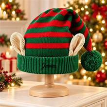 1pc Personalized Customized Name Knitted Elf Christmas Hat, Red & Green Striped With Ears And Pom Pom, Christmas Holiday Party Costume Accessory - Multicolor - View 12