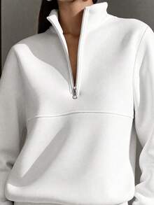Women's Light Blue 1/4 Zip Pullover Sweatshirt, Long Sleeve Polyester Regular Length Top, Suitable For Autumn/Winter Fashion Wear White Casual - White - View 4