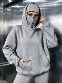 Women's Casual Fleece Balaclava Sweatshirt With Double Hood, Zipper Pockets, Loose Fit, Face-Covering, Autumn/Winter Everyday Wear - Flower Gray - View 5