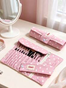 1pc Polka Dot Makeup Brush Storage Bag, Vintage Canvas Roll-Up Design With Snap Button And Zipper Multi-Compartment, Portable Cosmetic Tool Organizer Bag, Suitable For Travel, Daily And Outdoor Use - Multiple Colors and Styles - View 5