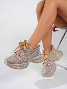 Women's Shiny Thick Sole Lace-Up Casual Sneakers, Versatile For Holiday, Party And Vacation - Multicolor - View 5