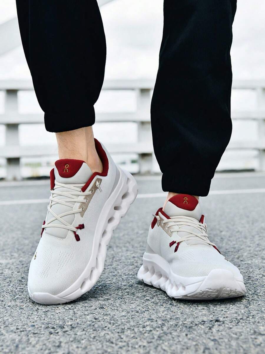 Men's Knitted Mesh Running Sports Shoes, Segmented Cushioning Thick Sole, Breathable Shock-Absorbing, Casual Training Shoes, Multi-Color, Plus Size 39-45 - White/Red - View 1