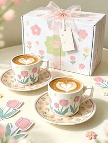 6 Sets/1 Set 240ml Pink Tulip Square Handle Ceramic Coffee Cup & Saucer, Microwave And Dishwasher , Espresso, Arabic Coffee Cup, Saudi Coffee Cup, Suitable For Afternoon Tea, Cafe, Kitchen, Perfect Gift - Multicolor - View 1