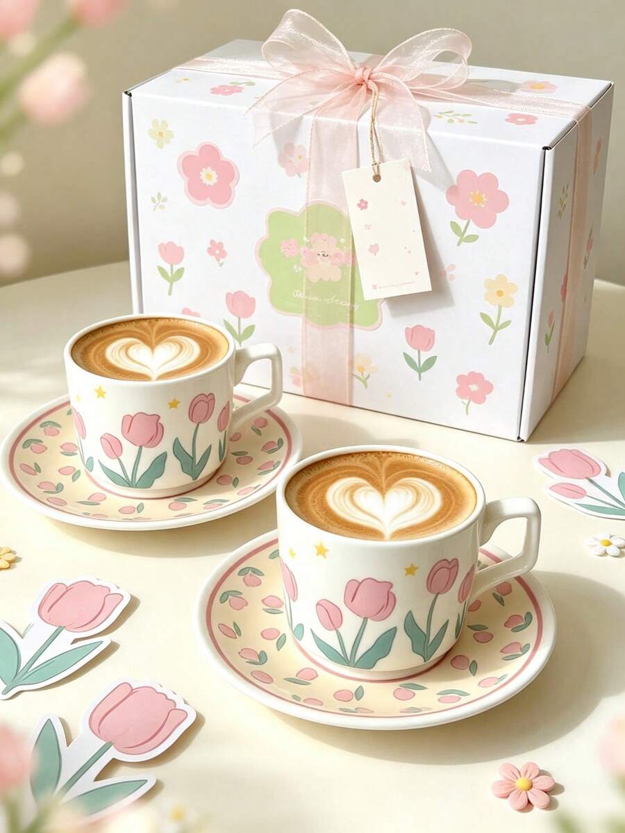 6 Sets/1 Set 240ml Pink Tulip Square Handle Ceramic Coffee Cup & Saucer, Microwave And Dishwasher , Espresso, Arabic Coffee Cup, Saudi Coffee Cup, Suitable For Afternoon Tea, Cafe, Kitchen, Perfect Gift - Multicolor - View 1