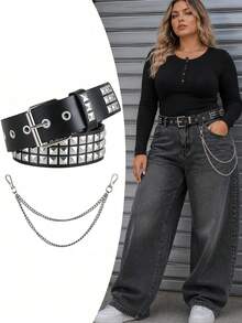 1 Set Women's Plus Size Punk Belt, Unisex Silver Pyramid Design Y2K Street Style Hot Girl Belt - Black + Pants Chain - View 6