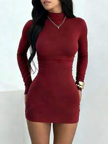 女款酒紅色小立領迷你洋裝，修身開學季派對與休閒穿搭洋裝 - 酒紅色 - 查看 5