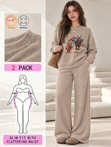 Vintage Denim Print Plus Size Women's Autumn/Winter Christmas Atmosphere Fashion Knit Top And Pants, Winter, Fall, Christmas, Casual, Thanksgiving, New Year Looks, Work Outfits For Women, Elegant Women's Two-Piece Set - Camel - View 2