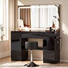 Devoko Vanity Table With Large LED Mirror And Round Stool, 115 Cm Dressing Table With 7 Drawers And Power Outlet, Makeup Table With Hair Dryer Holder, Stool Dark Gray, Table Black High Gloss - 查看 2