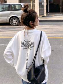 Women's Fashion Autumn/Winter Loose Minimalist Versatile Letter & Floral Print Long Sleeve T-Shirt - White - View 2