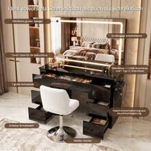 Devoko Vanity Table With Large LED Mirror And Swivel Chair, 115 Cm Makeup Desk With 7 Drawers And Power Outlet, Dressing Table With Makeup Organizer, Table Black High Gloss, Chair White - 查看 3