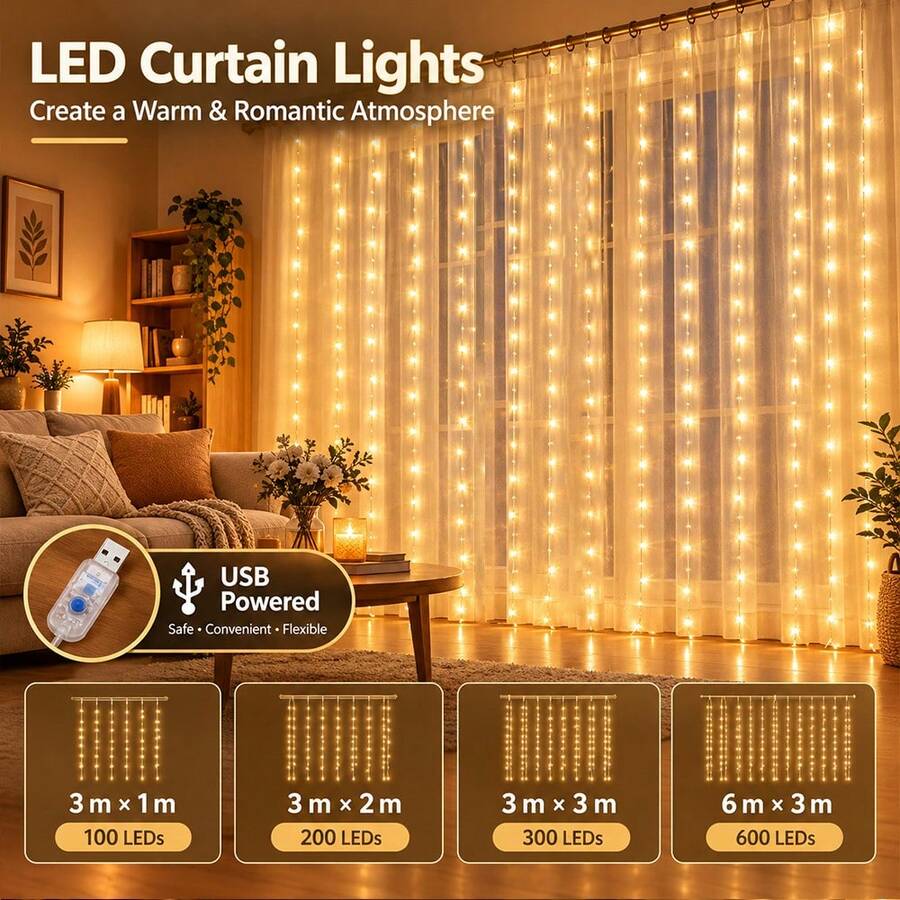 USB Powered LED Curtain String Lights With Remote Control, 8 Lighting Modes,Hanging Fairy Lights For Bedroom, Living Room,Windows, Wedding Backdrops, Birthday Parties, Bachelorette Parties,Christmas, Halloween,Holiday Celebrations & Indoor Home Decor - Style 1 - View 1