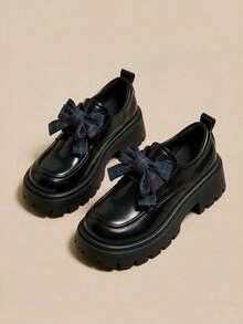 2026 Elegant Thick Sole Loafers With Plaid Bow Decor, Thick Platform Sole Slip-On, Minimalist Commute Daily Comfortable Style - Black - View 8