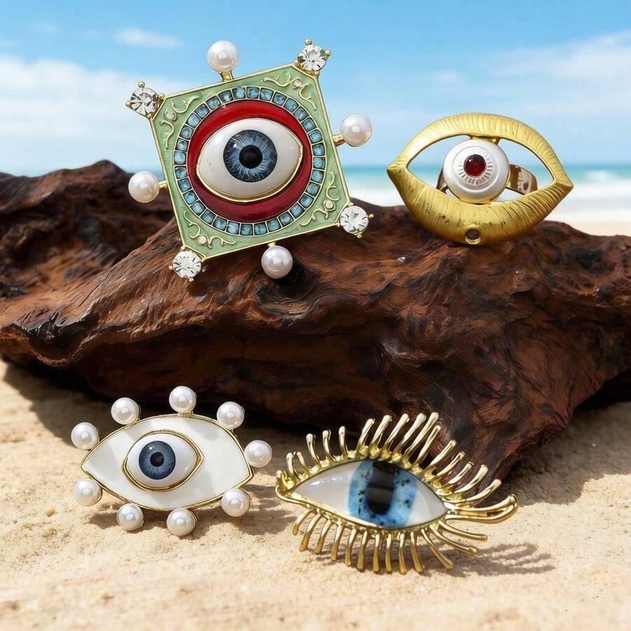 1pc Quirky Eye Ring, Creative Drip Oil Eyeball Knuckle Ring, Vintage Bohemian Style, Travel Vacation Accessory - Multicolor - View 1