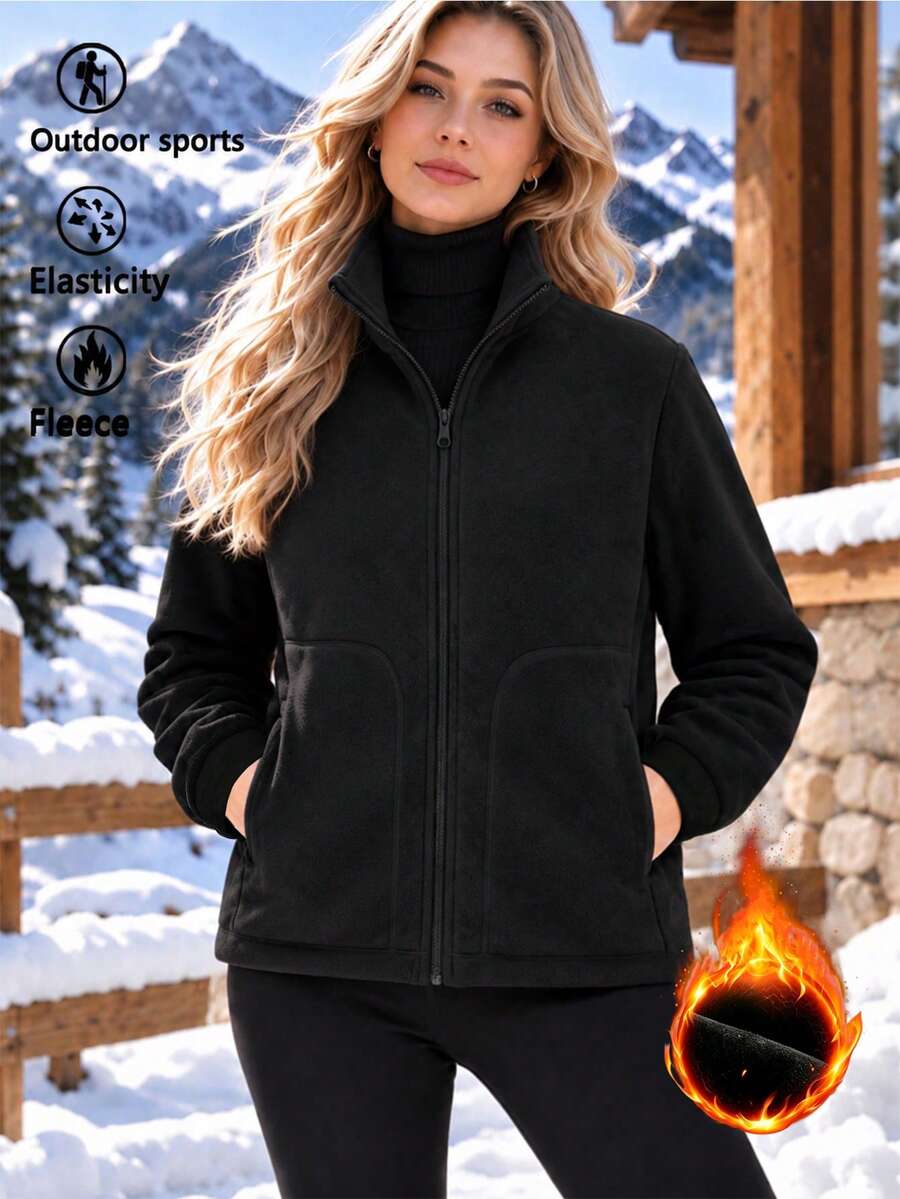 Women's Thick Warm Coral Fleece Jacket, Outdoor Sports Running Workout Fleece Coat, Stand Collar Fleece Jacket, Autumn/Winter - Black - View 1