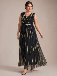 EVERPRETTY Plus Size Elegant Luxury Sequin Embroidered Mesh Black & Gold Formal Evening Gown, Suitable For Wedding Guest, Mother Of The Bride, Party - Multicolor - View 6
