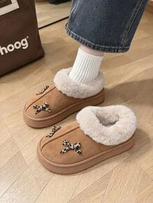Women's Fleece Leopard Print Bow Thick Sole Slippers, Warm Lining, Closed Back, Unisex Indoor/Outdoor Slippers - Style B-brown - View 4