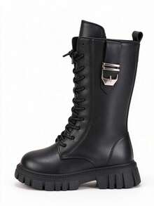 Girls' Black High-Top Boots, Metal Buckle Decor, Lace-Up + Side Zipper Design, Cool Cargo Style Style Non-Slip Thick Sole Kids' Long Boots - Black - View 4