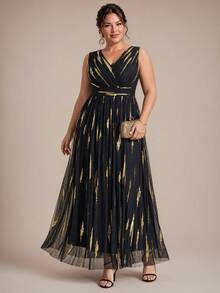 EVERPRETTY Plus Size Elegant Luxury Sequin Embroidered Mesh Black & Gold Formal Evening Gown, Suitable For Wedding Guest, Mother Of The Bride, Party - Multicolor - View 5