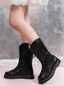 1 Pair Girls Glitter Western Mid-Calf Boots, Stage Performance, Fashion Show, Christmas, Party, Princess Boots! - Black - View 2