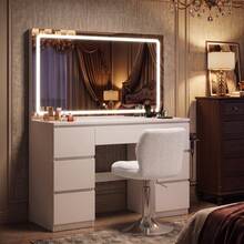Devoko Vanity Table With Large LED Mirror And Swivel Chair, 115 Cm Makeup Desk With 7 Drawers And Power Outlet, Dressing Table With Makeup Organizer, Table White Matte, Chair White - 查看 1