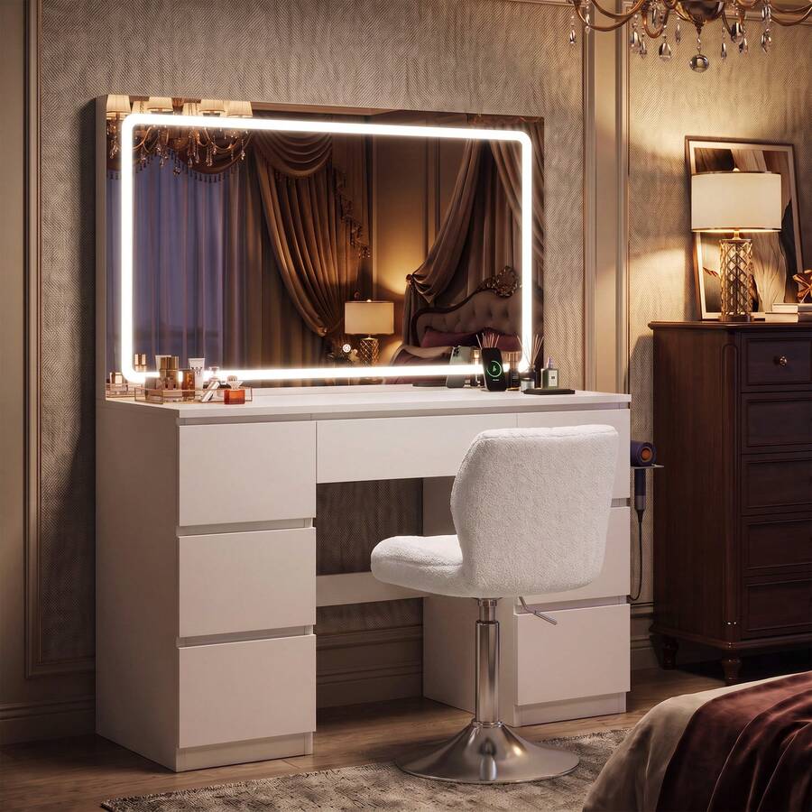 Devoko Vanity Table With Large LED Mirror And Swivel Chair, 115 Cm Makeup Desk With 7 Drawers And Power Outlet, Dressing Table With Makeup Organizer, Table White Matte, Chair White - 查看 1