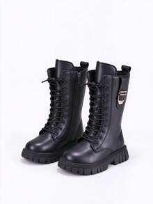 Girls' Black High-Top Boots, Metal Buckle Decor, Lace-Up + Side Zipper Design, Cool Cargo Style Style Non-Slip Thick Sole Kids' Long Boots - Black - View 1