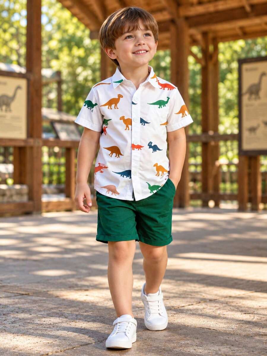 Boys' Summer Set, Dinosaur Print Shirt + Casual Solid Color Shorts, Suitable For 4-12 Years Old Boys, Daily Wear - Green - View 1