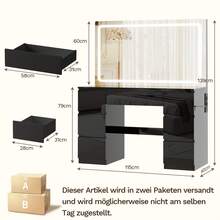 Devoko Vanity Table With Large LED Mirror And Lighting, 115 Cm Dressing Table With 7 Drawers, Makeup Vanity With Power Outlet And Hair Dryer Holder, Black High Gloss, Without Stool - Glossy Black Without Stool - View 12