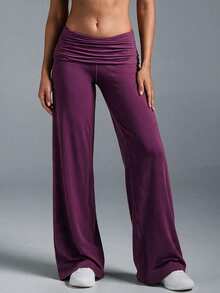 Women's Autumn/Winter Solid Color Ruched High Waist Wide Leg Pants, Draped Casual Loose Long Pants, Y2K Style, Versatile Everyday Bottoms - Purple Wisdom - View 4