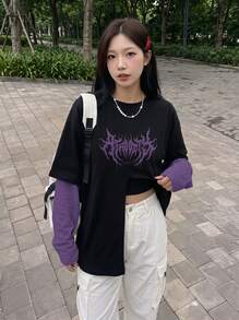 Rikumo 女士复古朋克摇滚哥特风撞色闪电印花长袖卫衣，休闲春季款 - 淡紫色 - 查看 1