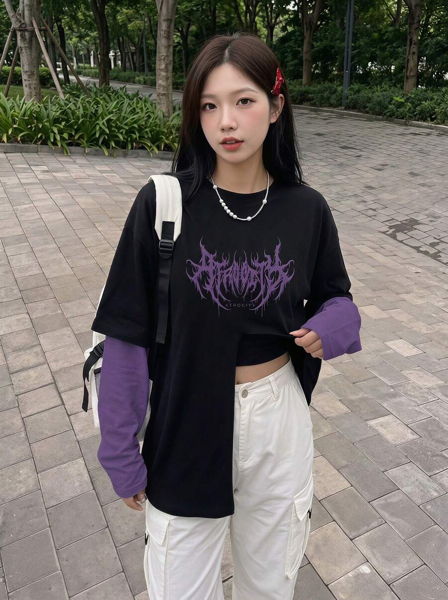 Rikumo 女士复古朋克摇滚哥特风撞色闪电印花长袖卫衣,休闲春季款 - 淡紫色 - 查看 1