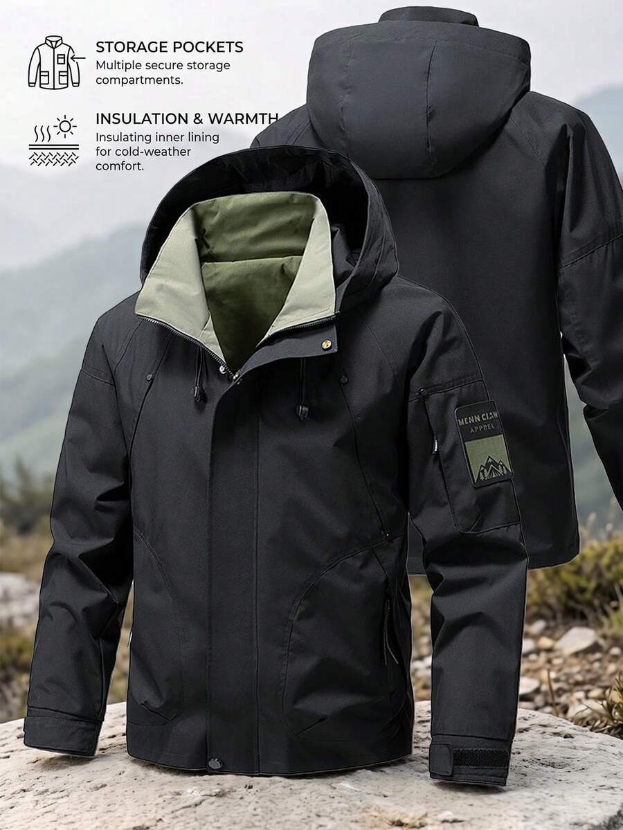 Men's Drawstring Hooded Solid Color Jacket, Fashionable Simple Windbreaker Coat - Black - View 1