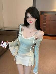 女款長袖針織毛衣修身內搭層，蕾絲蝴蝶結吊帶上衣，2件套，秋冬款 - 綠色 - 查看 3