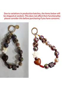 Vintage Heart-Shaped Keychain, Amber & Tortoise Shell Texture, With Mayan Leopard Print Bag Charm And Brown Bead Accents, Bag Pendant, Bag Decoration, Retro Keychain, Christmas & Thanksgiving Gift - Multicolor - View 10