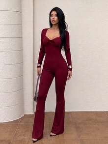 Winter, Casual Jumpsuit, Lace Splicing Fashionable Jumpsuit, Suitable For Beach, Office, Commuting, Festival, Christmas, New Year - Burgundy - View 3