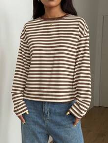 Women's Casual Round Neck Drop Shoulder Long Sleeve Striped Christmas Black & Red Contrast Ribbed Everyday T-Shirt - Mocha Brown - View 6