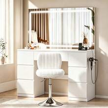 Devoko Vanity Table With Large LED Mirror And Swivel Chair, 115 Cm Makeup Desk With 7 Drawers And Power Outlet, Dressing Table With Makeup Organizer, Table White Matte, Chair White - 查看 2