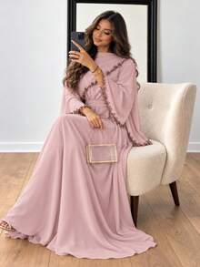 Elegant Grey-Pink Long Sleeve Abaya With Delicate Floral Embroidered Lace Trim At Neckline - Pink - View 2