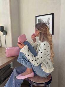 Women's Autumn/Winter New Elegant Polka Dot Ruffle Knit Cardigan, Commute Office Business Workplace Casual Daily Wear - Off-white Black - View 6