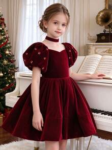 Girls Elegant Luxurious Velvet Petal Sleeve Rhinestone Short Dress Evening Gown Birthday Party Christmas Autumn Winter - Burgundy - View 1