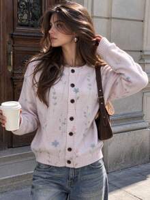 Women Light Pink Mini Floral Knit Cardigan, Dainty Print Button Front Long Sleeve Sweater, Soft Girl Coquette Layering Top, Fall Winter Outfit - Pink - View 7