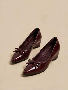 High-End Burgundy Glossy Pointed Toe Low-Top Bow Decor Chunky Low Heel Slip-On Women's Shoes, Suitable For Commuting, Party And Fashion Outfits - Burgundy - View 6
