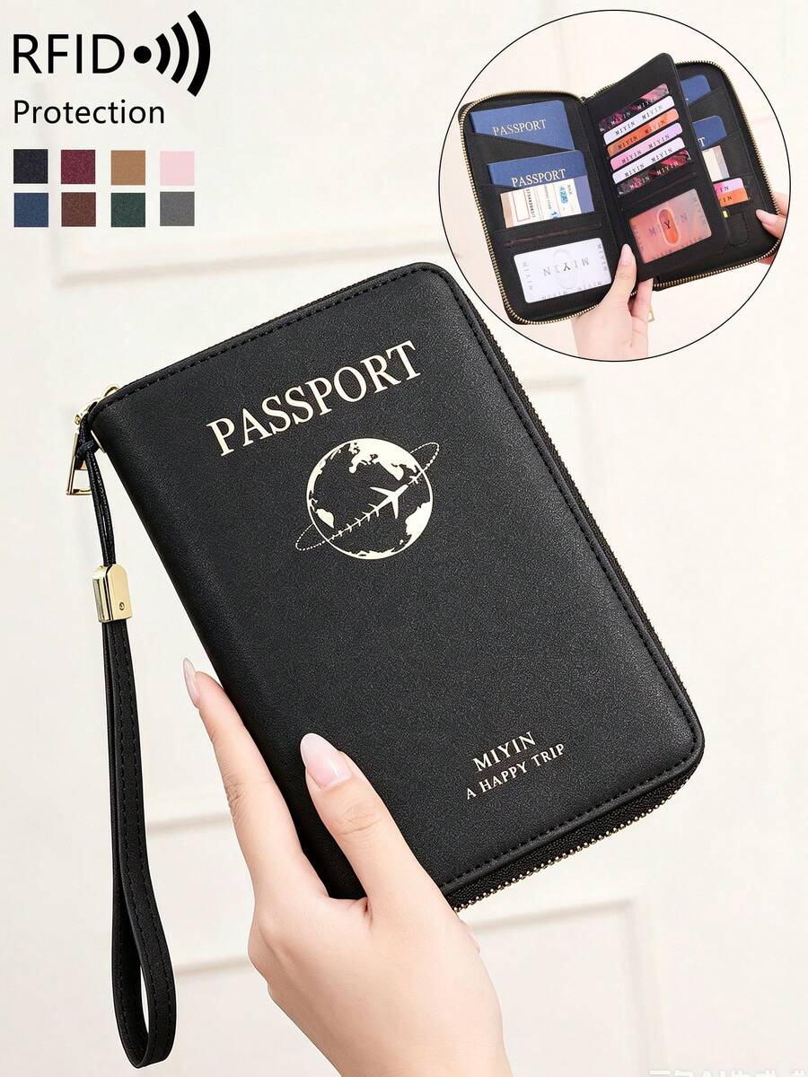 MIYIN RFID Anti-Theft Passport Holder, Zipper Travel Wallet, Fits 4 Passports, With Card Slots, Boarding Pass Pocket, Wrist Strap, Document Organizer