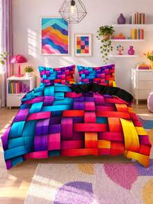 3pcs Rainbow Square Geometric Pattern Print Duvet Cover Set (1 Duvet Cover + 2 Pillowcases, No Fill), Soft & Breathable Fabric, Machine Washable, Suitable For All Seasons, Bedroom And Guest Room Bedding Decor - Multicolor - View 6