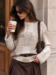 Women Khaki Patchwork Print Knit Sweater, Floral Check Long Sleeve Crew Neck Pullover, Soft Cozy Cottagecore Jumper, Fall Winter Going Out Outfit - Khaki - View 9