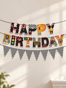 1 Set Racing Theme Happy Birthday Banner, Includes Checkered Triangle Flags, Racing Helmet Traffic Light Trophy Steering Wheel Pattern Paper Garland, Black And White Checkered Racing Theme Hanging Decorations, Suitable For Birthday Party Indoor/Outdoor Wall Photo Booth Decor - View 1